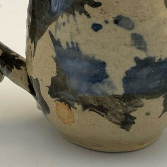 Art Pottery Coffee Mug Blue Black Beige Glazed Pinched Marked Splatter Ink Blot - Picture 5 of 7